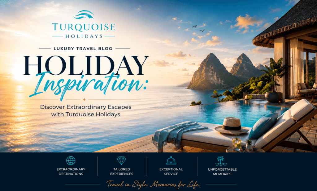 Luxury Travel Blog Holiday Inspiration with Turquoise Holidays featuring a luxury infinity pool villa overlooking tropical islands at sunset.